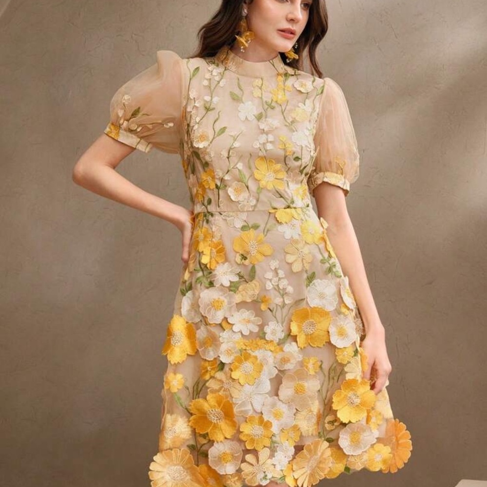 Floral Embroidered Dress in Yellow and Cream